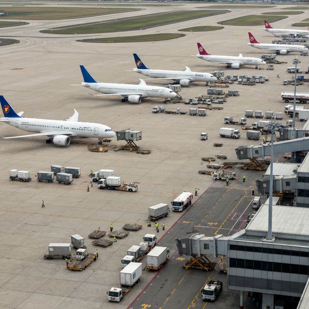 Pátio de aeroporto movimentado visto de cima